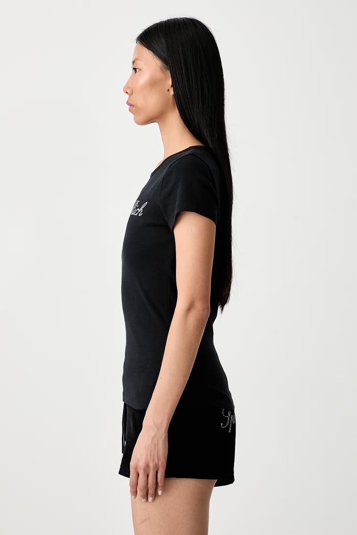 Sporty & Rich Signature Logo Krystal T-shirt bawełniany damski czarny TO13071326BA01