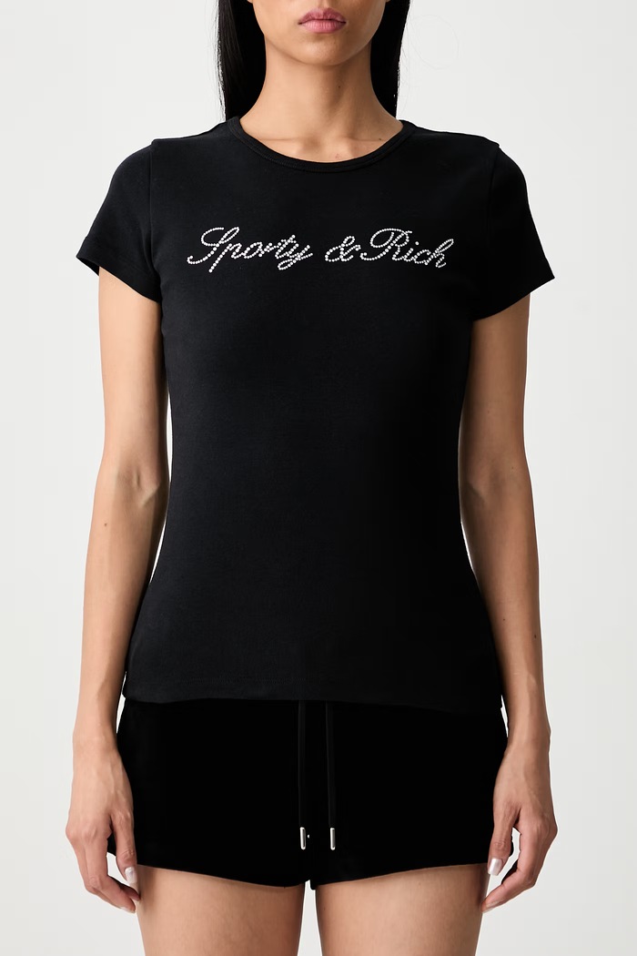 Sporty & Rich Signature Logo Krystal T-shirt bawełniany damski TO13071326BA01 czarny