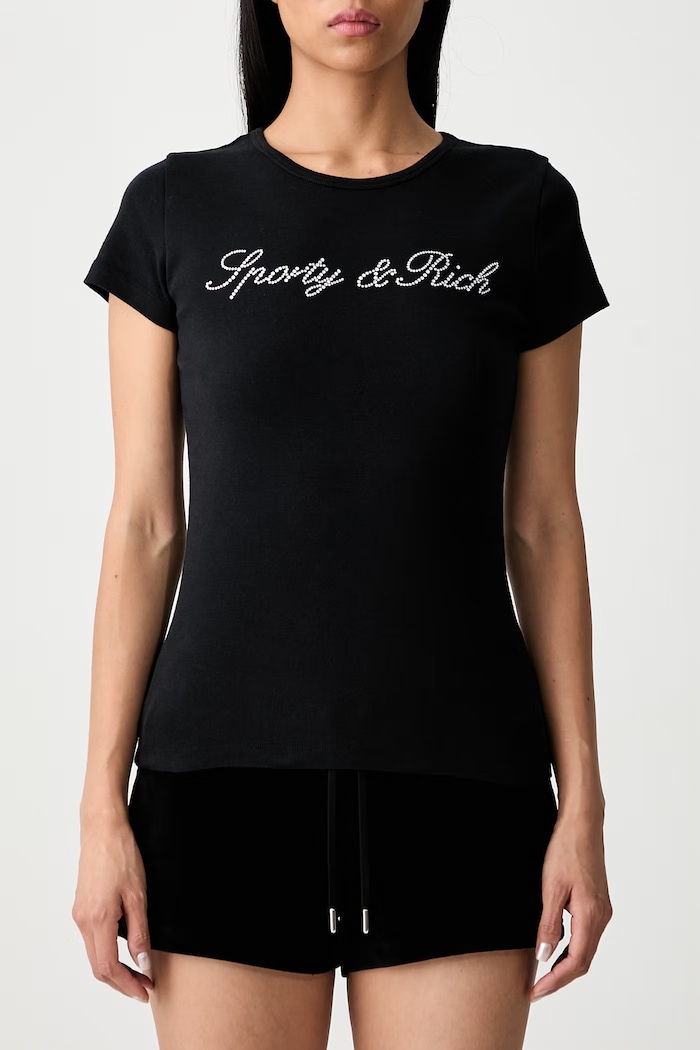 Signature Logo Krystal T-shirt bawełniany damski Sporty & Rich czarny TO13071326BA01