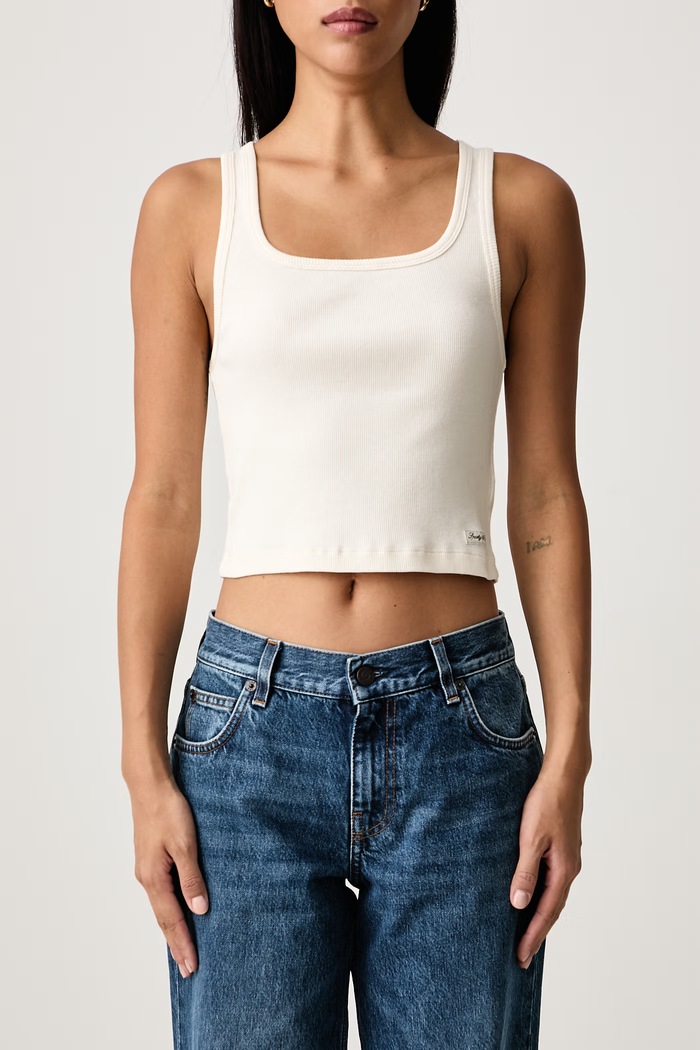 Signature Logo crop top damski bawełniany z elastanem Sporty & Rich beżowy TO11574326WH37