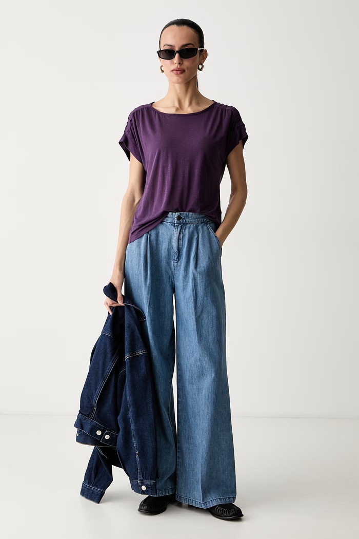 United Colors of Benetton majica za žene s dodatkom lana 35LVD10D5 ljubičasta SS26