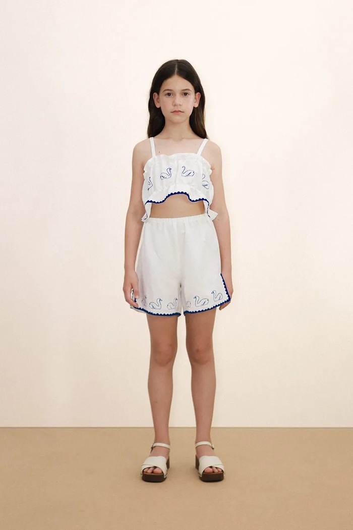 Lněný dětský top Tinycottons SWANS BOWS LINEN TOP kulatý bílá SS26.230