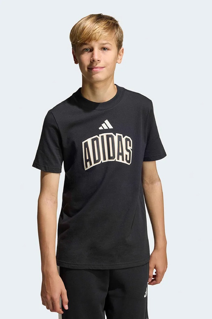 Παιδικό βαμβακερό μπλουζάκι adidas στάμπα μαύρο KC4641