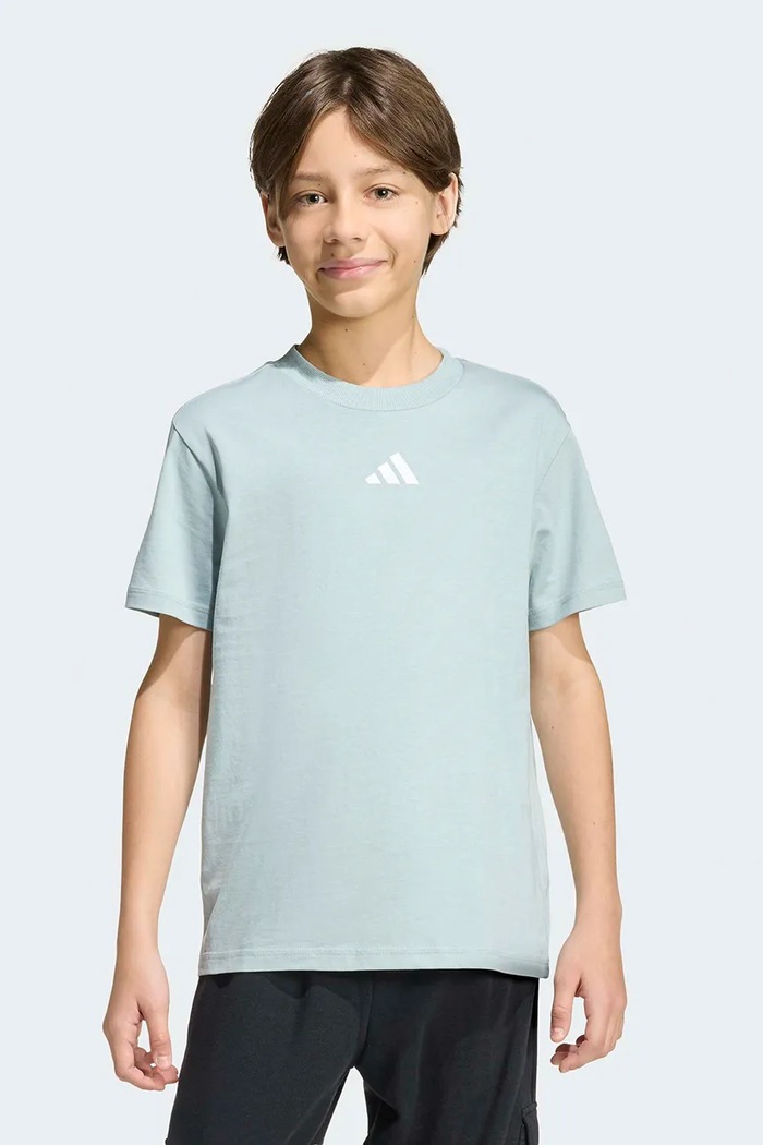 Παιδικό βαμβακερό μπλουζάκι adidas απλικέ τιρκουάζ KD3367