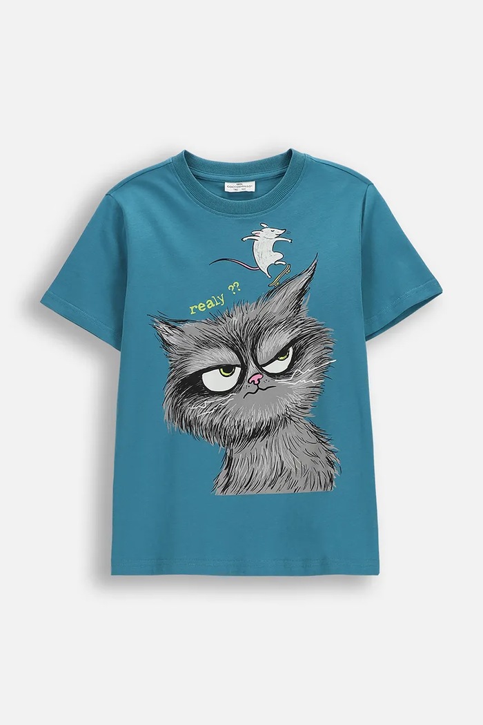 Coccodrillo t-shirt bawełniany dziecięcy nadruk turkusowy WC6143215VBA