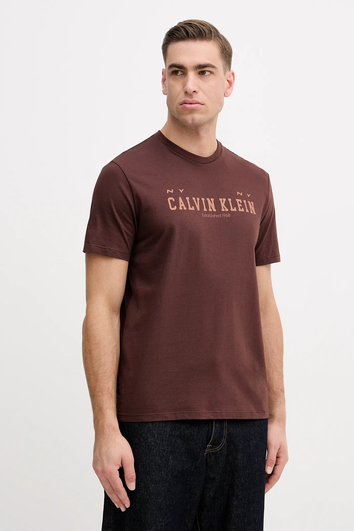 Bavlněné tričko Calvin Klein Jeans hladký hnědá LV14RE817G