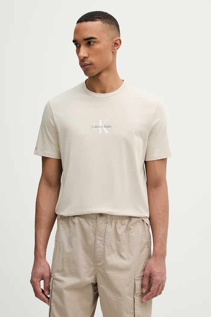 Calvin Klein Jeans tričko pánske bavlnené potlač béžová LV04RB866G