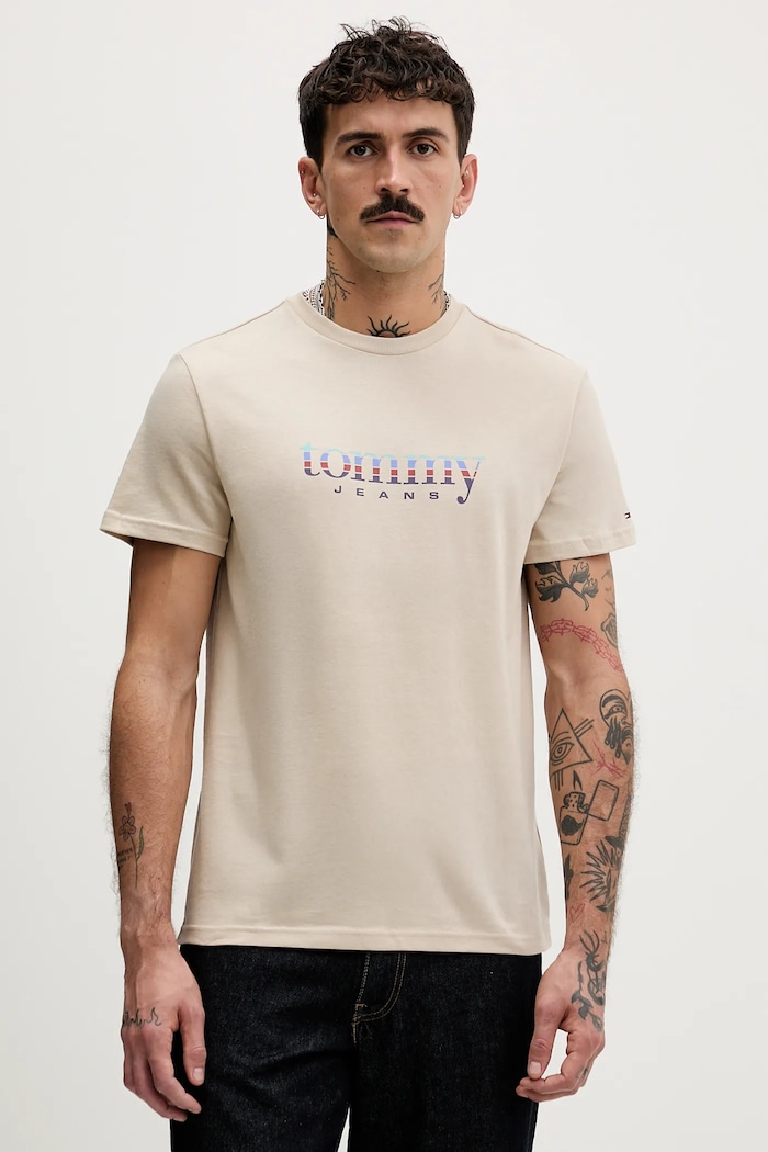 Tommy Jeans tricou din bumbac print bej DM0DM22333
