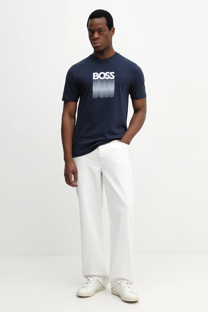 Bavlnené tričko BOSS Orange Te_Insignia 50556009 modrá SS26