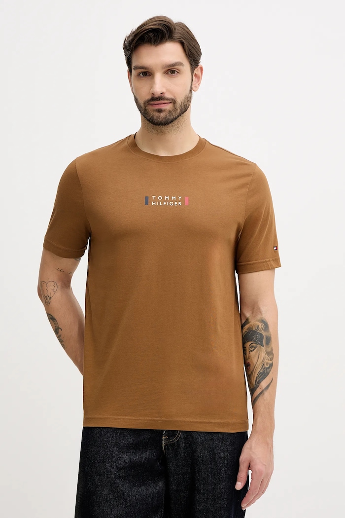 Tommy Hilfiger t-shirt bawełniany nadruk brązowy MW0MW41453