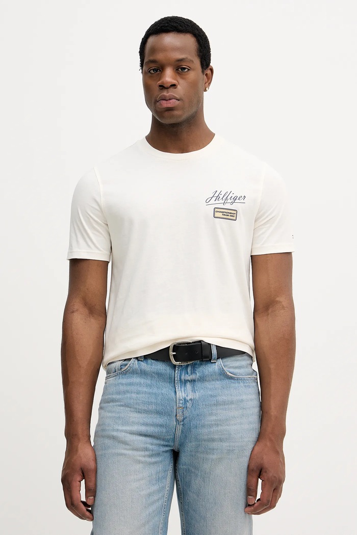 Tommy Hilfiger t-shirt bawełniany nadruk beżowy MW0MW41471