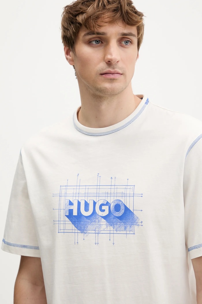Βαμβακερό μπλουζάκι Hugo Blue Nothal μπεζ 50553498