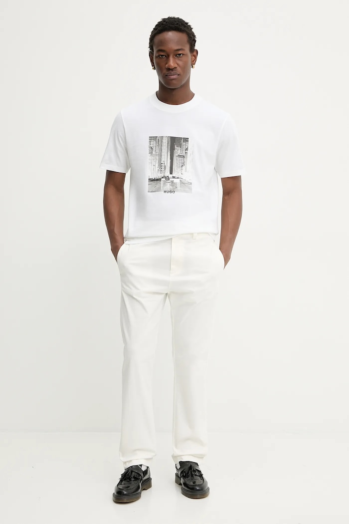 Памучна тениска HUGO Deyss 50553755 бежов SS26