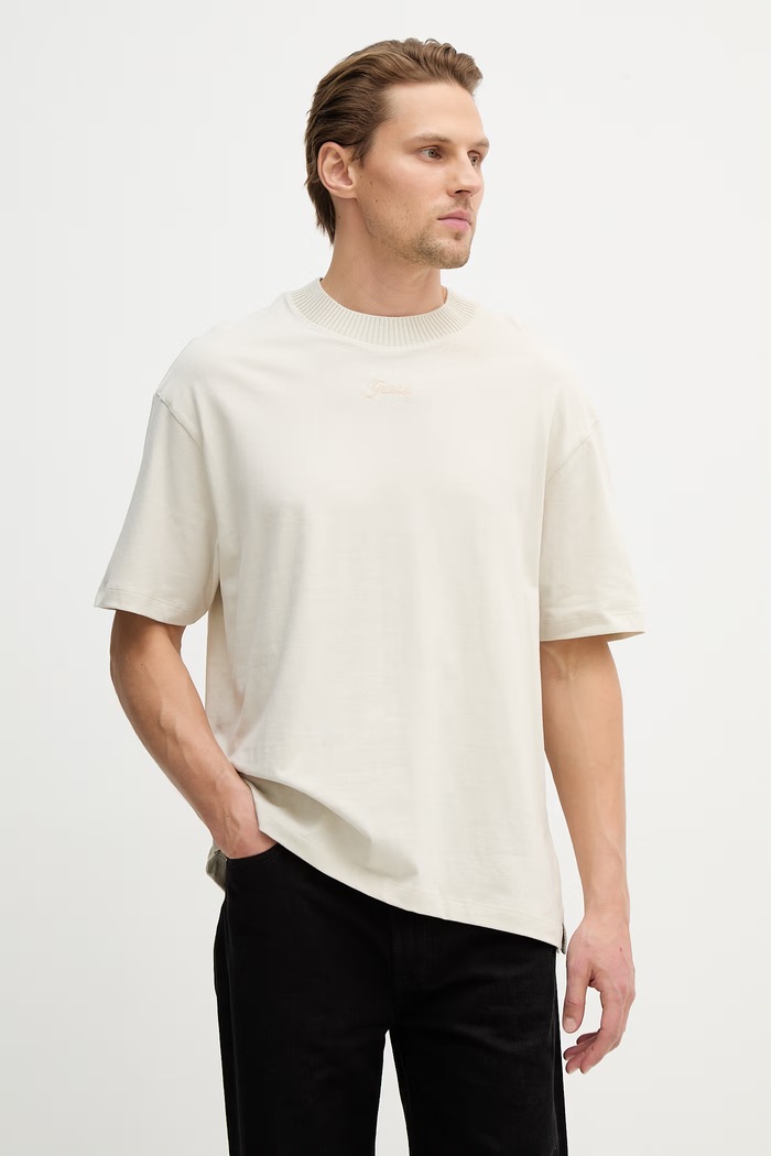 Bavlněné tričko Guess nášivka béžová M6RP09.KA260