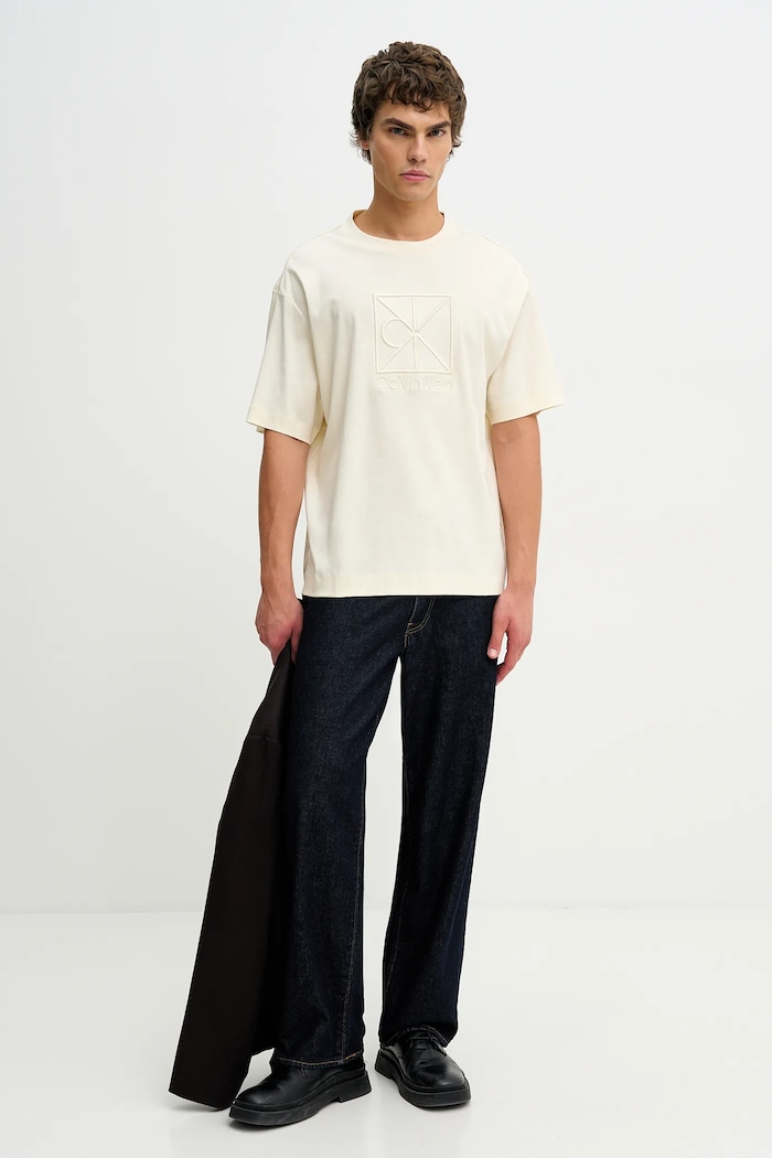 Βαμβακερό μπλουζάκι Calvin Klein LV04LE200G μπεζ SS26