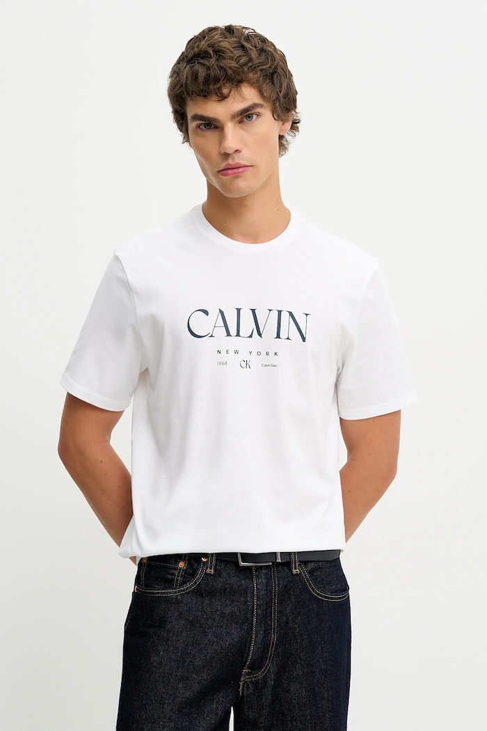 Βαμβακερό μπλουζάκι Calvin Klein στάμπα λευκό LV04RE807G