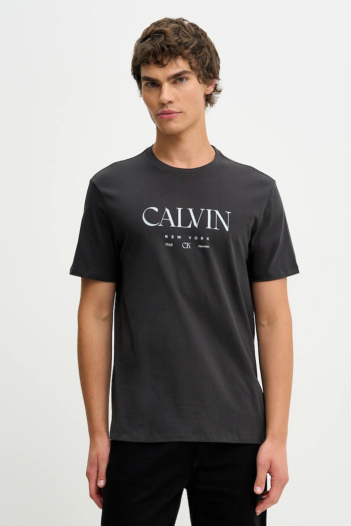 Βαμβακερό μπλουζάκι Calvin Klein στάμπα γκρί LV04RE807G