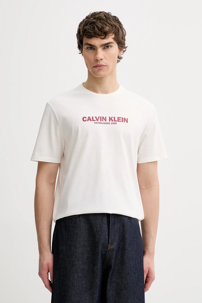 Bombažna kratka majica Calvin Klein Potisk bež LV04RE820G