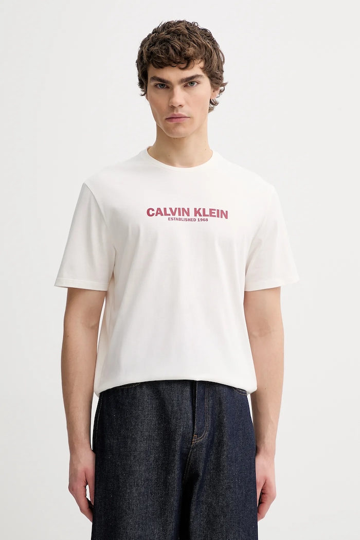 Bombažna kratka majica Calvin Klein Potisk bež LV04RE820G