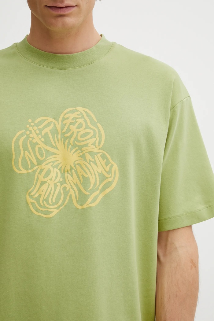 Памучна тениска Drôle de Monsieur Slogan Hibiscus зелен J.TS292.CO002.LOL