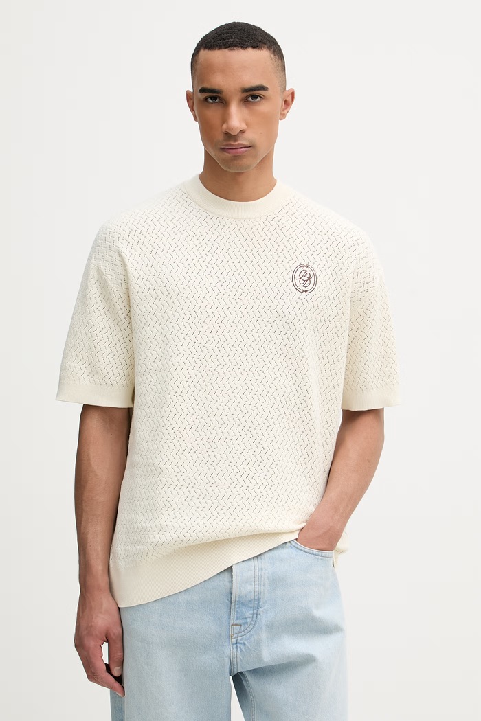Drôle de Monsieur t-shirt swetrowy męski bawełniany Maille Ajourée D Miroir beżowy K.PO202.CO292.OW