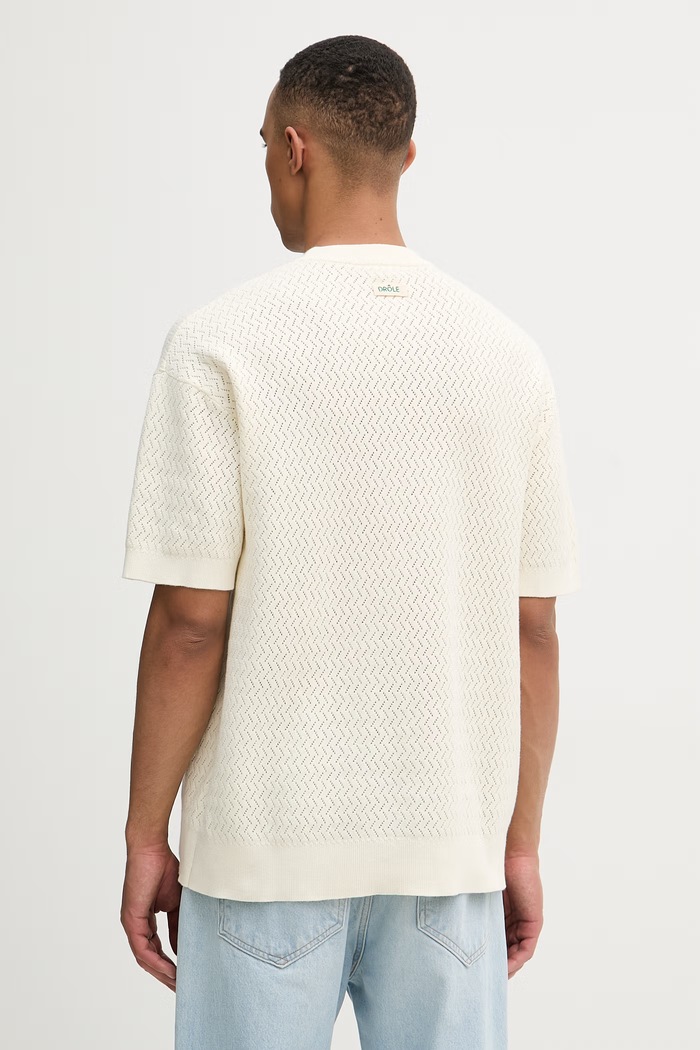 Odzież Drôle de Monsieur t-shirt swetrowy męski bawełniany Maille Ajourée D Miroir K.PO202.CO292.OW beżowy