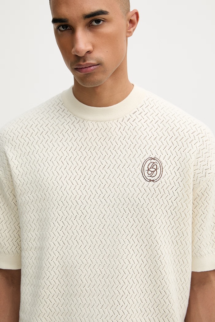 Drôle de Monsieur t-shirt swetrowy męski bawełniany Maille Ajourée D Miroir beżowy K.PO202.CO292.OW
