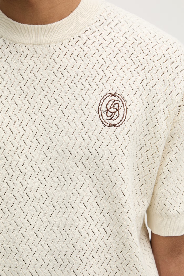 Drôle de Monsieur t-shirt swetrowy męski bawełniany Maille Ajourée D Miroir K.PO202.CO292.OW beżowy