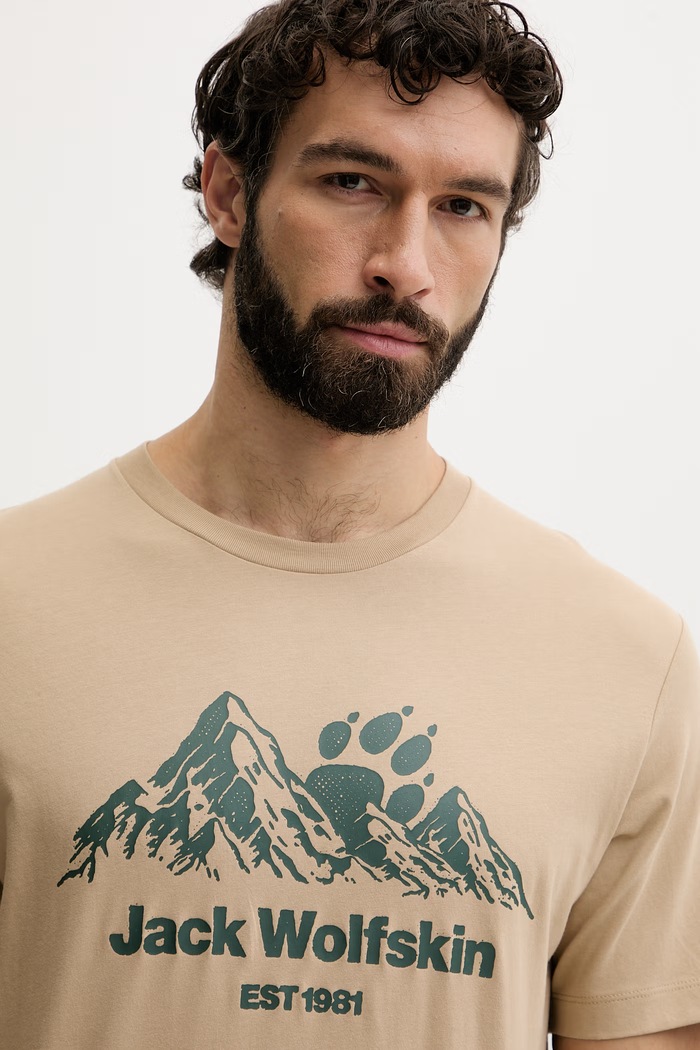 Jack Wolfskin t-shirt Ανδρικό βαμβακερό Carefree μπεζ A66090