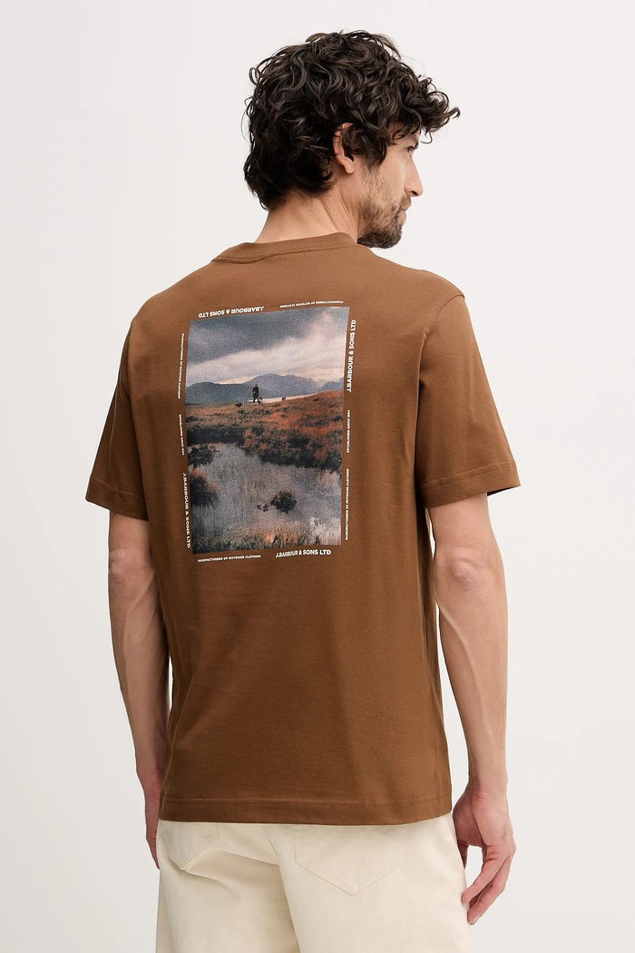 Βαμβακερό μπλουζάκι Barbour Parkend εμπριμέ καφέ MTS1541
