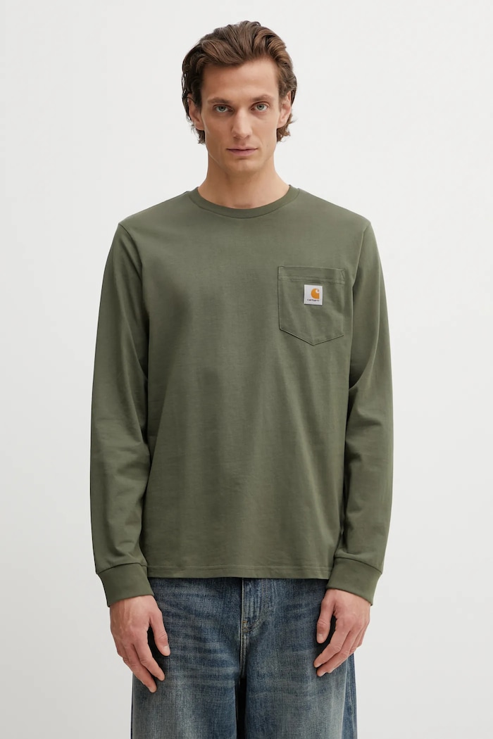 Carhartt WIP longsleeve bawełniany LS Pocket T-Shirt gładkie zielony I030437.11XX