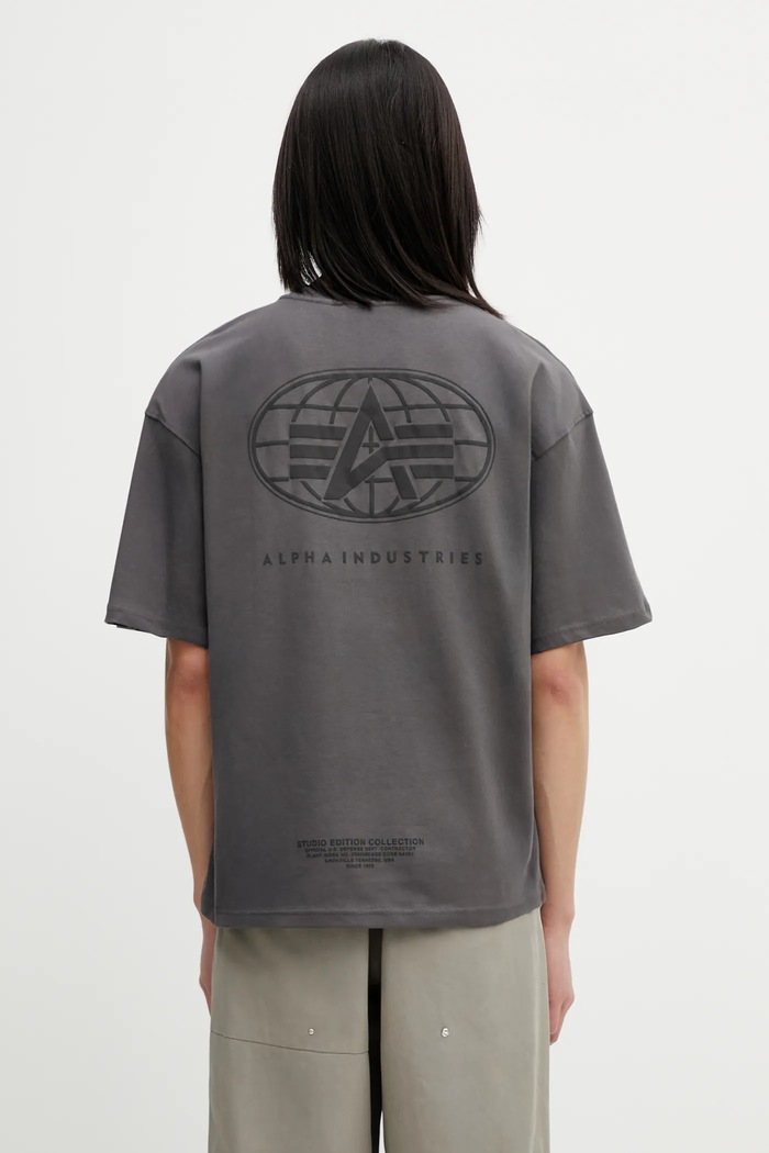 Odzież Alpha Industries t-shirt bawełniany World Logo Backprint 258514 szary