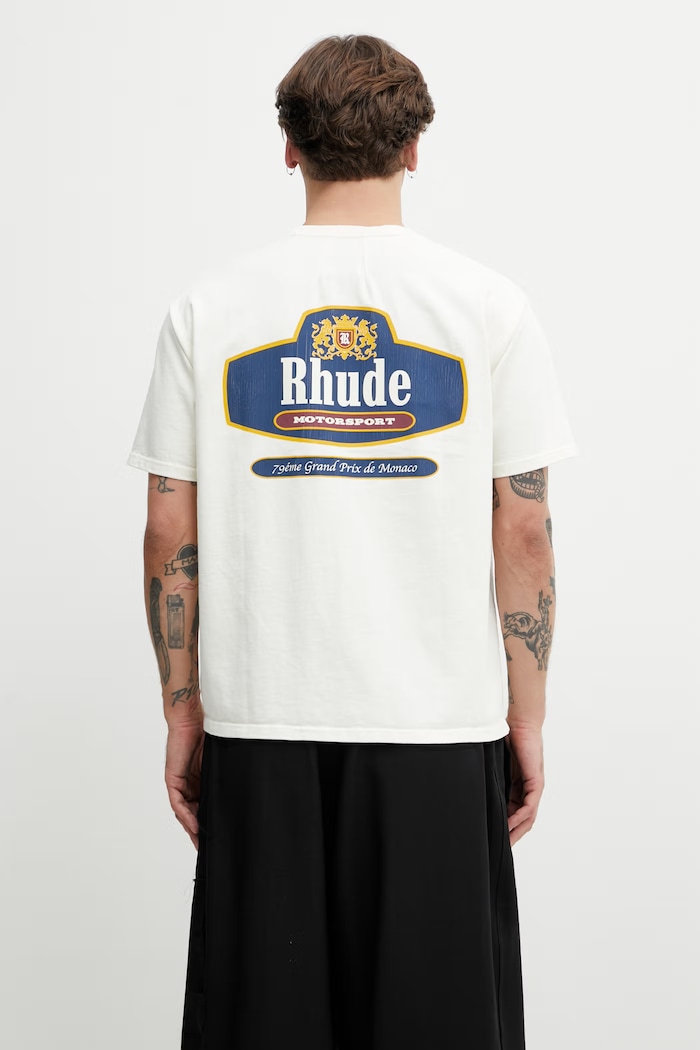 Ρούχα RHUDE Racing Crest t-shirt βαμβακερό ανδρικό RHSS26TT04012 μπεζ