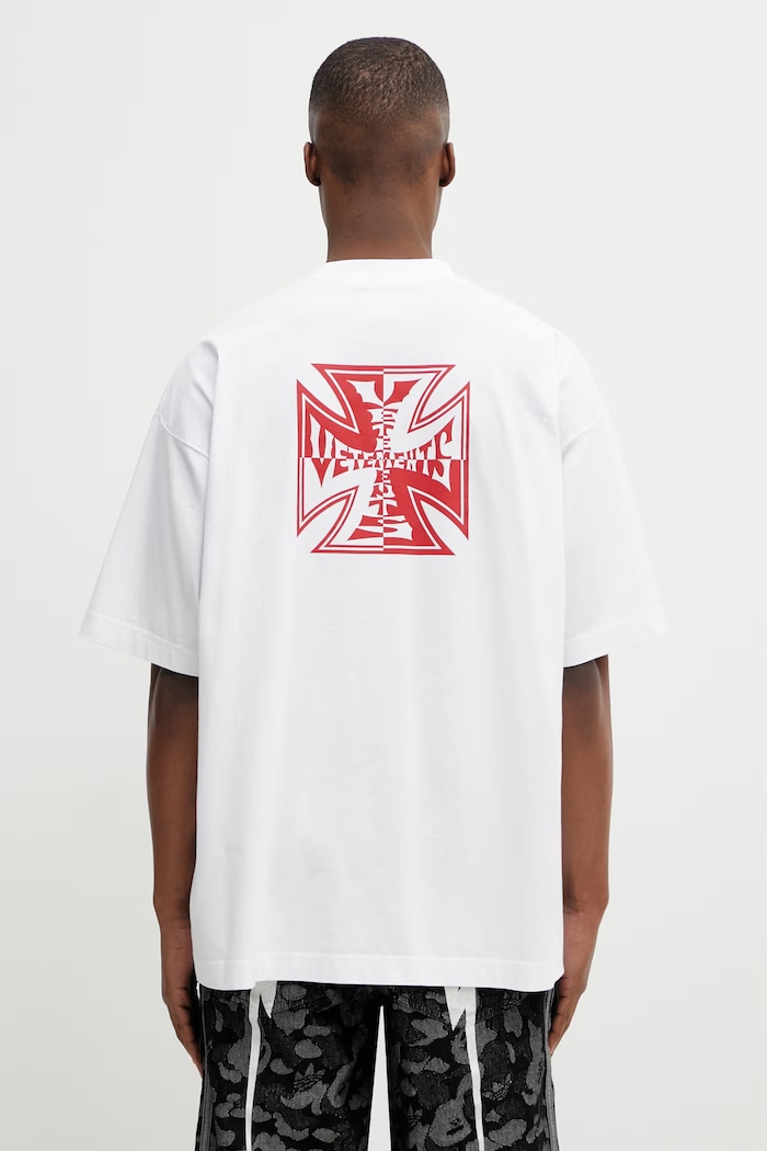Бавовняна футболка VETEMENTS Double Biker Cross надрук білий ME76TR178W