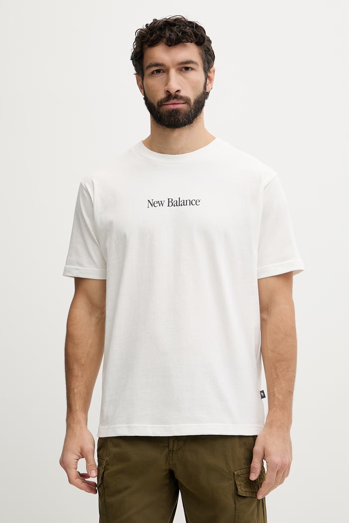 Oblečenie New Balance tričko pánske bavlnené N Collage MT6161TQSST béžová