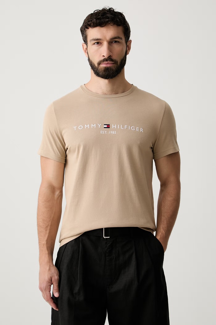 Tommy Hilfiger T-shirt męski bawełniany beżowy MW0MW11797.