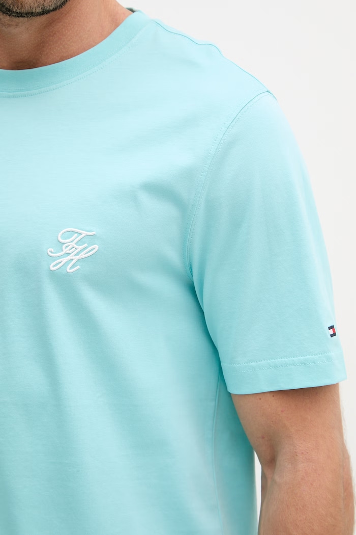 Tommy Hilfiger basic tričko pánske bavlnené SUMMER MW0MW43066 tyrkysová