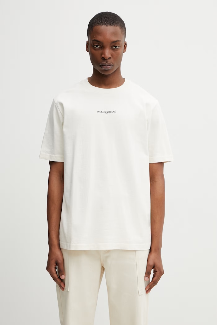 Maison Kitsuné tricou din bumbac pentru bărbați bej QM00100KJ7025