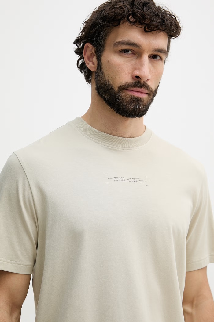 BOSS Green T-shirt męski z bawełną beżowy 50559235