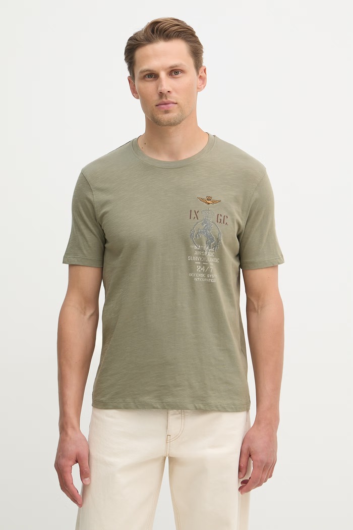 Aeronautica Militare t-shirt bawełniany nadruk zielony TS2543UJ00686