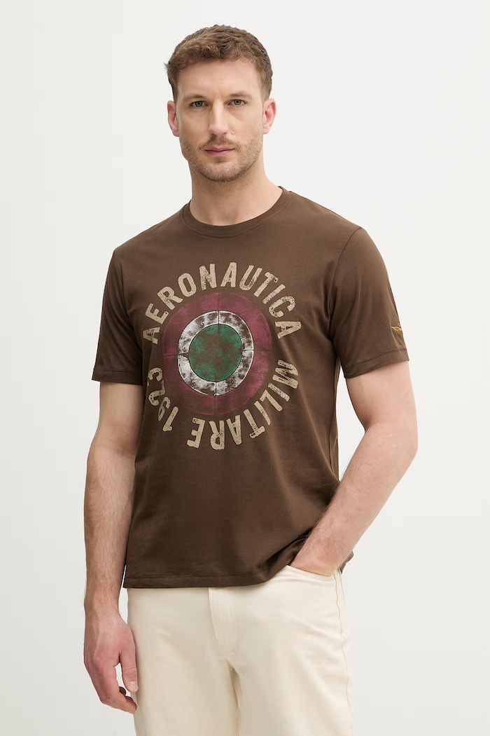 Aeronautica Militare t-shirt bawełniany nadruk brązowy TS2538UJ00727