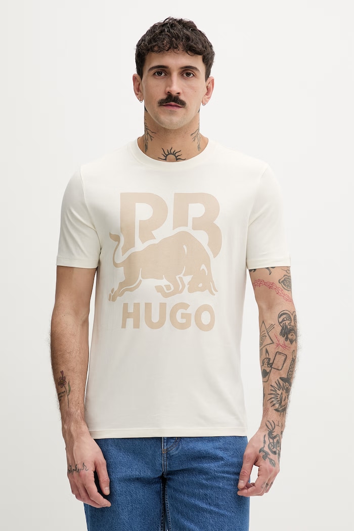 HUGO T-shirt ανδρικό βαμβακερό Dlix_RB μπεζ 50559696