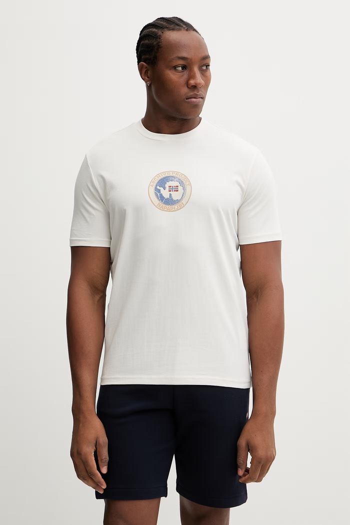 Napapijri t-shirt bawełniany PHOS nadruk beżowy NP0A4G5AN1A1