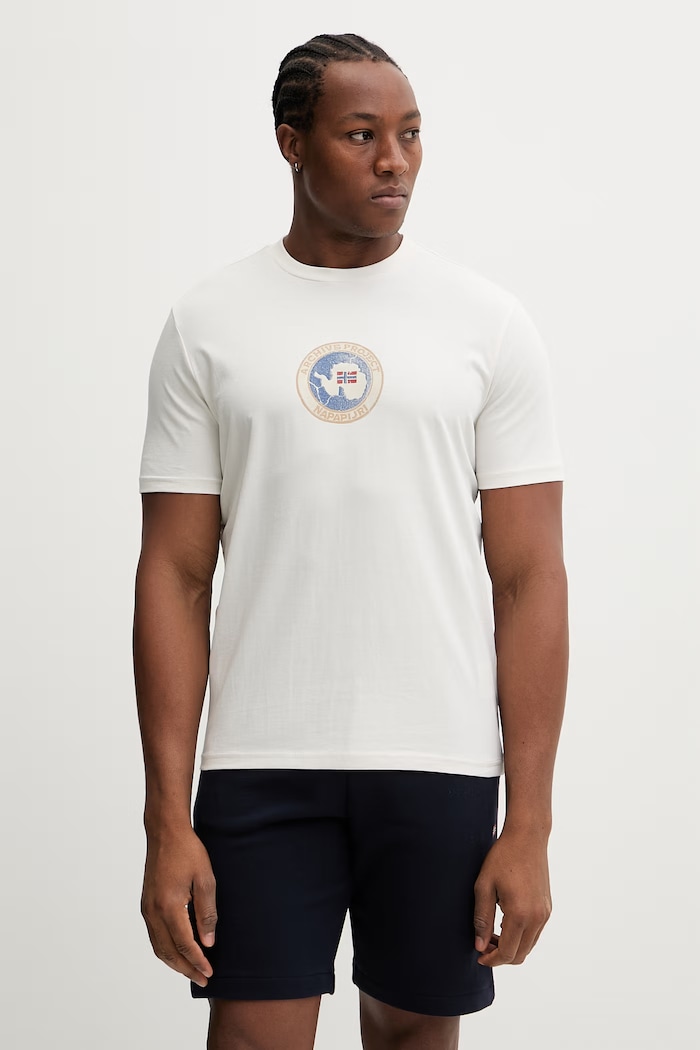 Napapijri t-shirt bawełniany PHOS nadruk beżowy NP0A4G5AN1A1