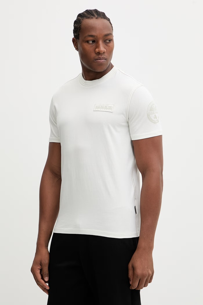 Napapijri t-shirt bawełniany AMUNDSEN nadruk beżowy NP0A4IN82061