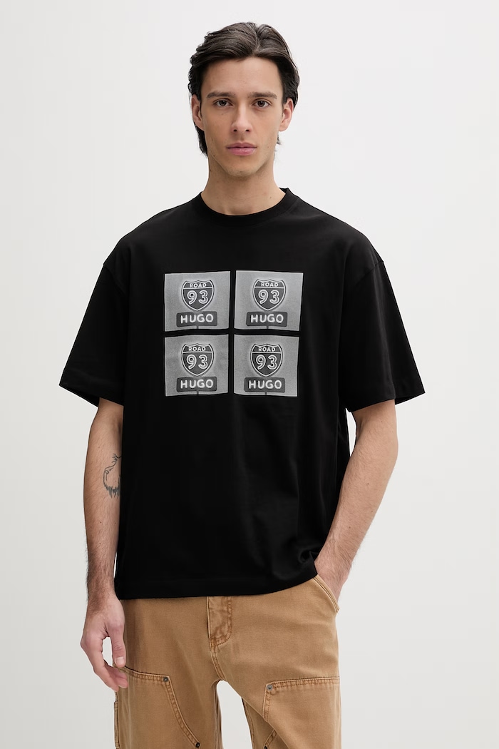 HUGO tricou din bumbac Draxon print negru 50558405