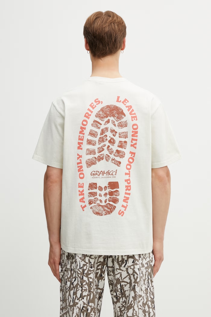 Gramicci FOOTPRINTS TEE PIGMENT DYED tricou basic de bumbac pentru bărbați bej G6SU.T119.