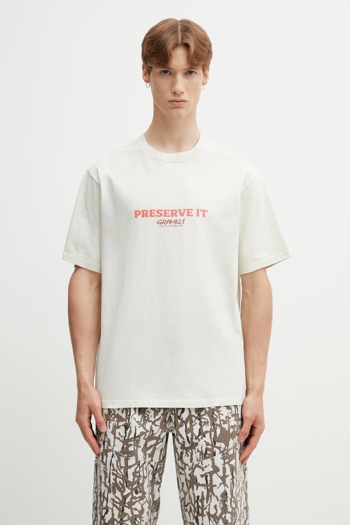 Îmbrăcăminte Gramicci FOOTPRINTS TEE PIGMENT DYED tricou basic de bumbac pentru bărbați G6SU.T119. bej