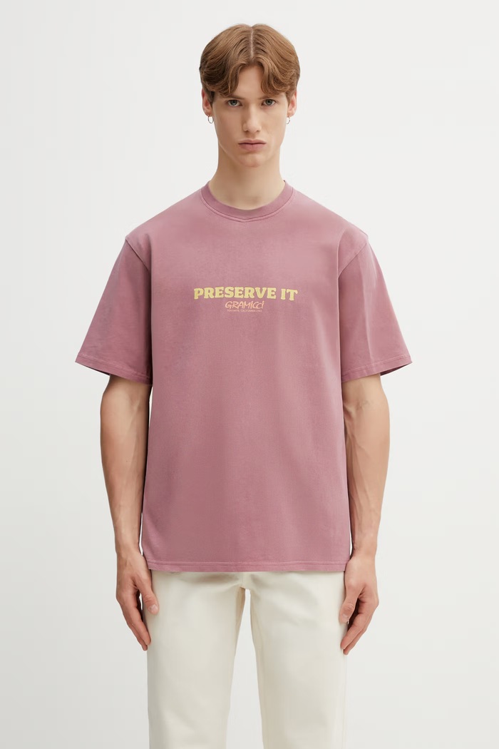 Gramicci FOOTPRINTS TEE PIGMENT DYED tricou basic din bumbac pentru bărbați roz G6SU.T119.