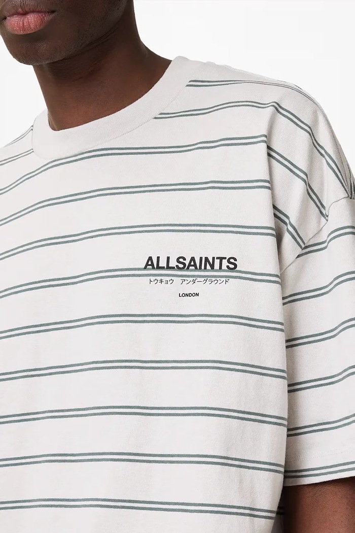 AllSaints T-shirt męski bawełniany UNDERGRND STRIPE SS szary M113PB